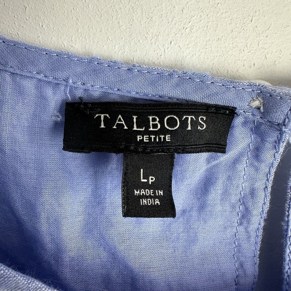 TALBOTS Top Chambray Eyelet Blouse 3/4 Sleeve Blue Large Petite Preppy Beach - Picture 2 of 11